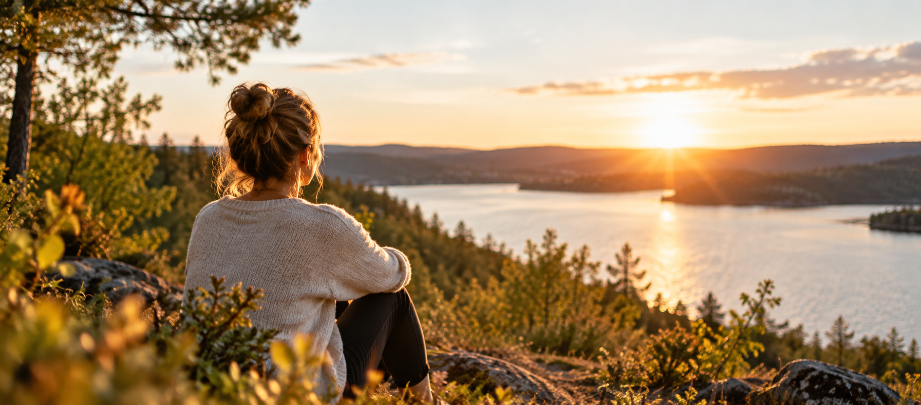 Frau Am See Im Goldenen Abendlicht